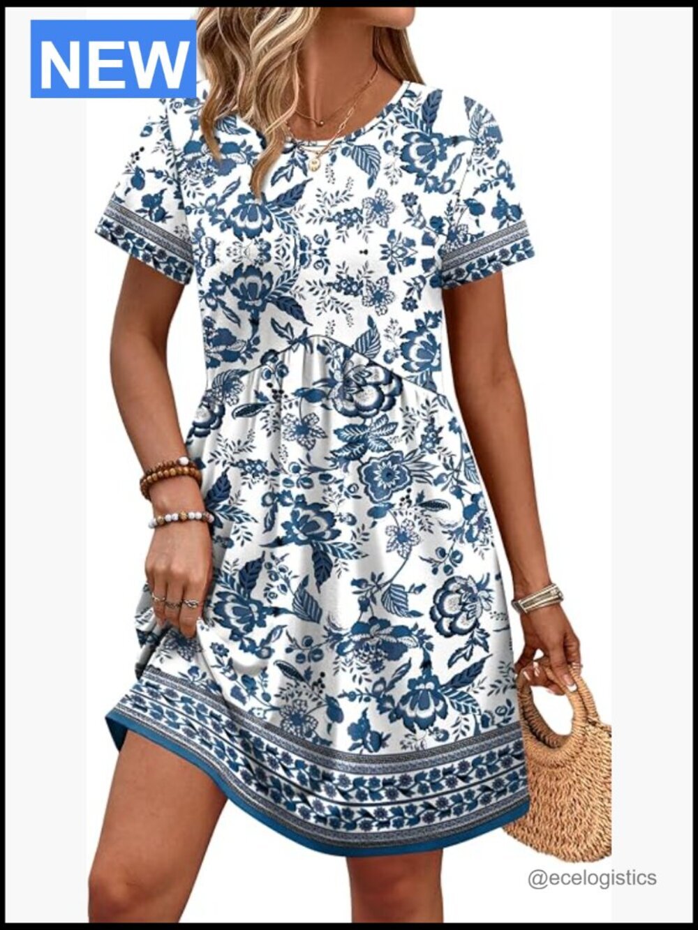 Short Sleeve Crew Neck Maternity Dress Empire Waist Pockets